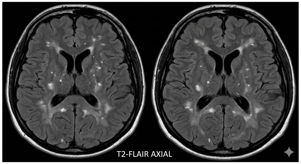 White flecks simulated on  Ai generated on a transverse plane image of the human brain