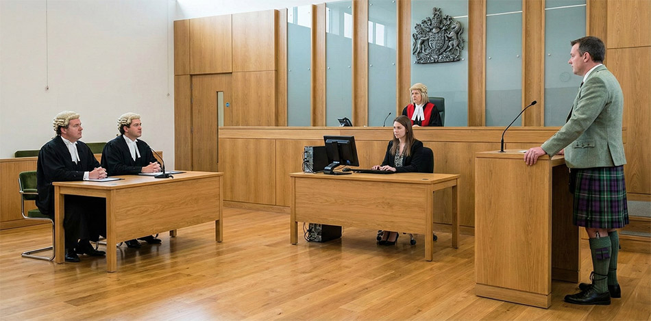 
A witness giving evidence in a Scottish court.  AI generated image.