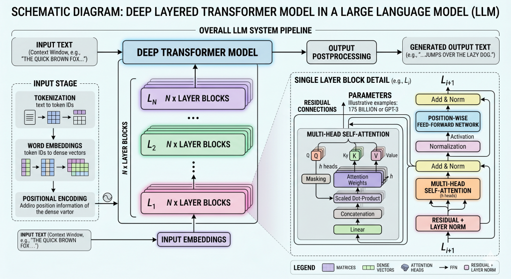 A detailed visual explanation of the transformer model architecture. Generated by AI