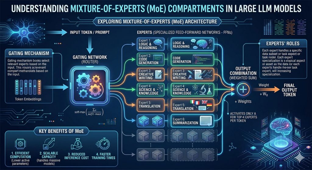 Infographic showing that LLM models are compartmentalised into a Mixture of Experts (generated with Google Gemini)