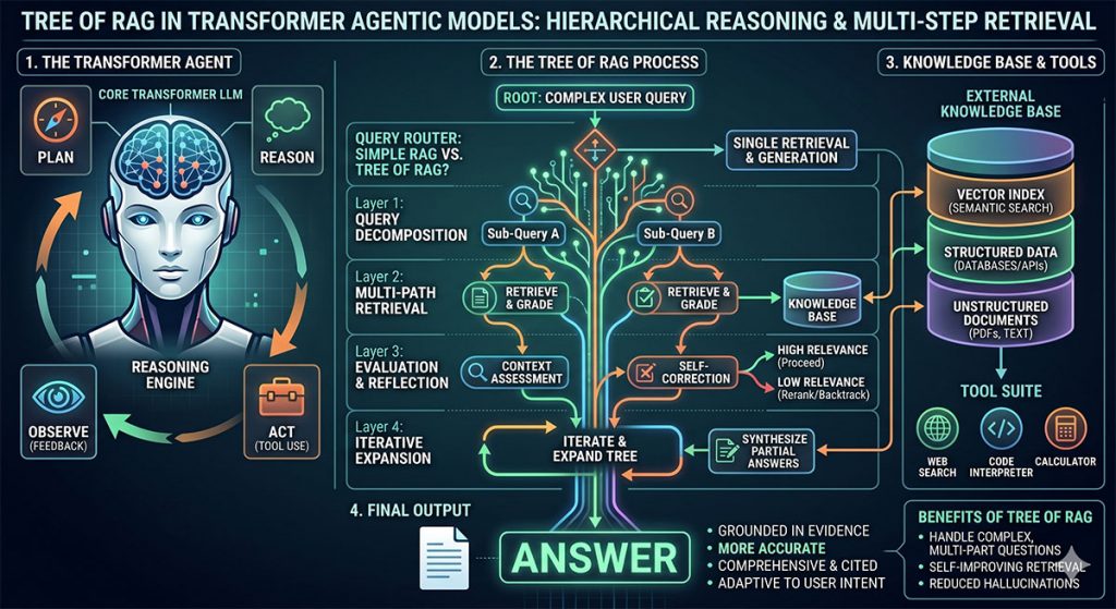 An infographic outlining Tree of RAG in Transformer Agentic  Models. (Generated by Google Gemini)